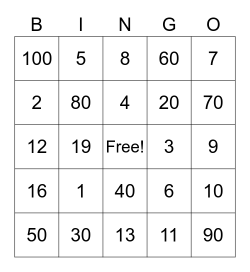Number Bingo Card