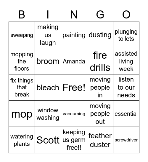 Maintenance/Housekeeping Bingo Card