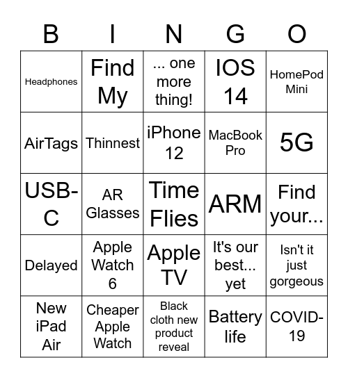 Apple September Event 2020 Bingo Card