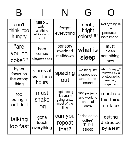 High Functional ADHD Bingo Card