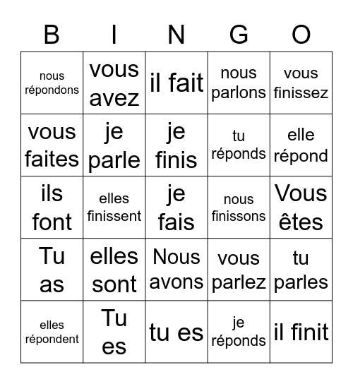 Les verbes revision Bingo Card
