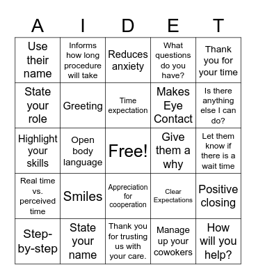 AIDET  Bingo Card