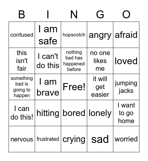 Action Feeling Thought Bingo Card