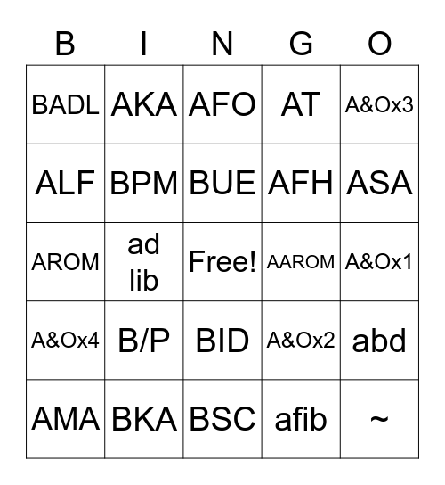 OTA 210 Abbreviation Bingo Week 2 Bingo Card