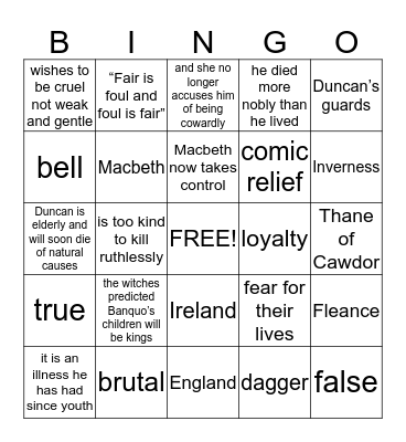Macbeth Acts I-III Bingo Card