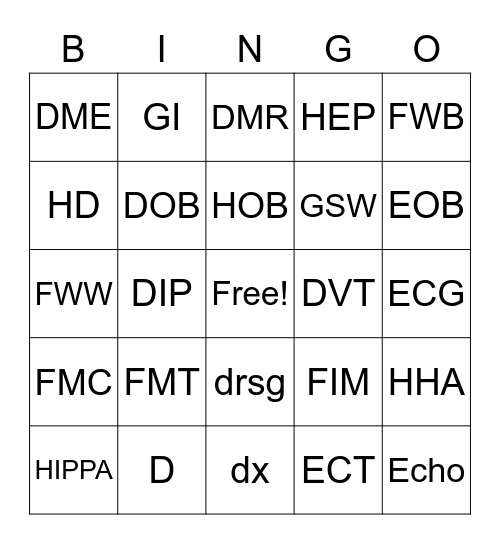 OTA 210 Abbreviation Bingo Week 4 Bingo Card