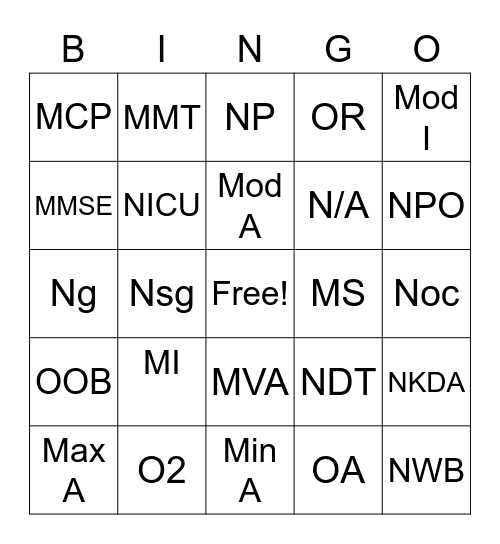 OTA 210 Abbreviation Bingo Week 6 Bingo Card