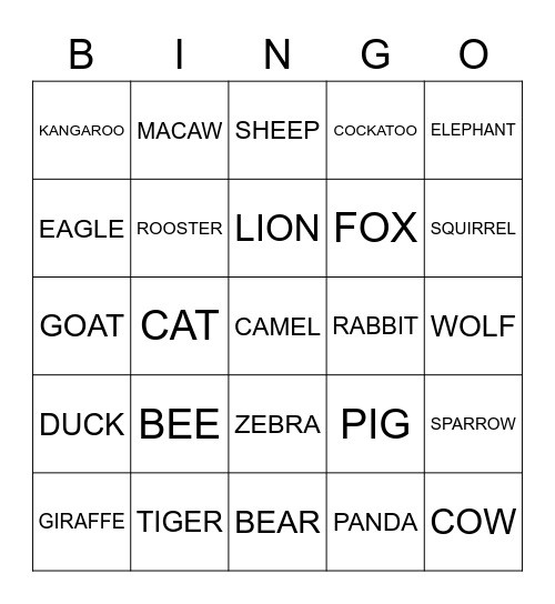 Animal Sounds Bingo Card