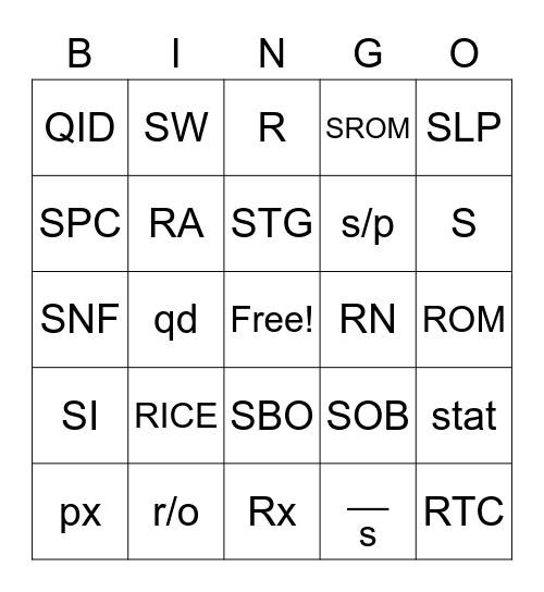 OTA 210 Abbreviation Bingo Week 8 Bingo Card
