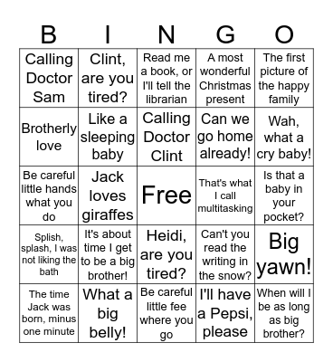 Jack's Birthday Bingo Card
