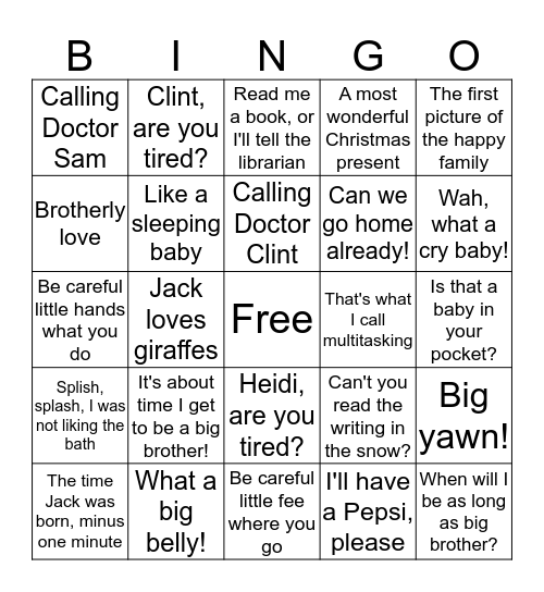 Jack's Birthday Bingo Card