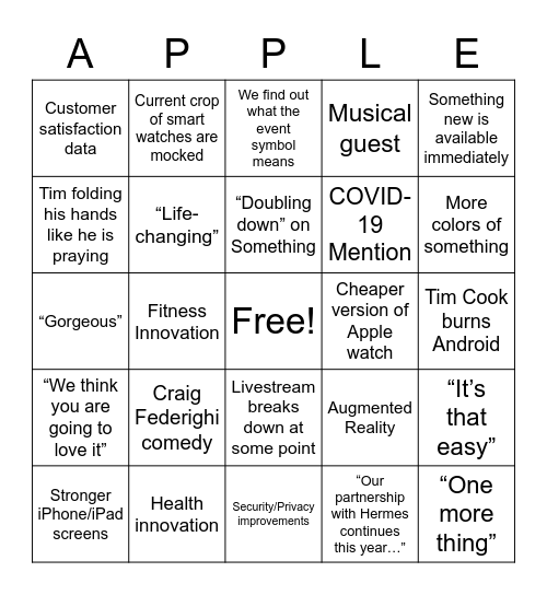 Apple Event 2020 Bingo Card