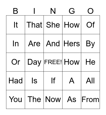 Sight Words Bingo Card