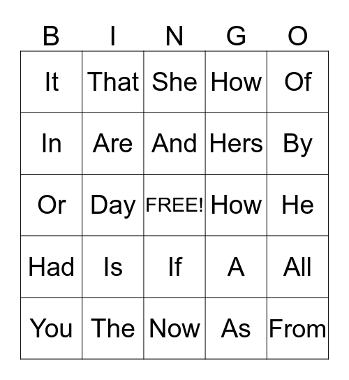 Sight Words Bingo Card