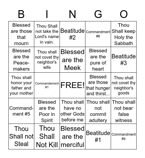 Commandment and Beatitude Bingo Card
