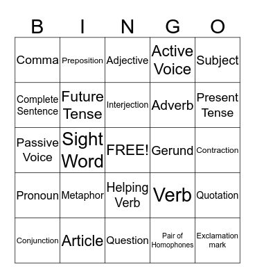 Grammar Bingo Card