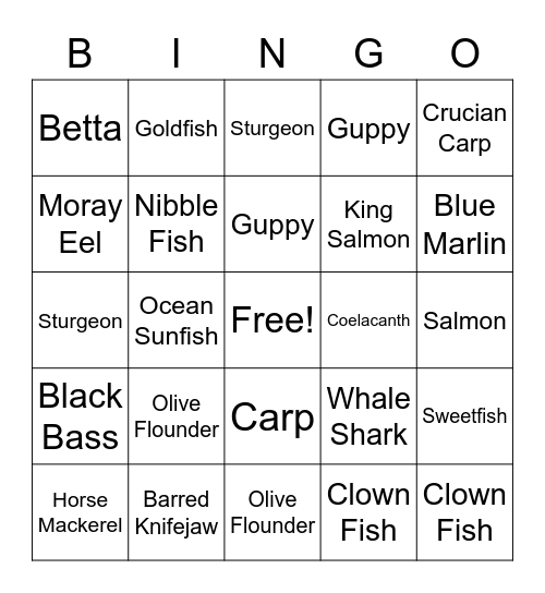 100 Fish Challenge BINGO Card