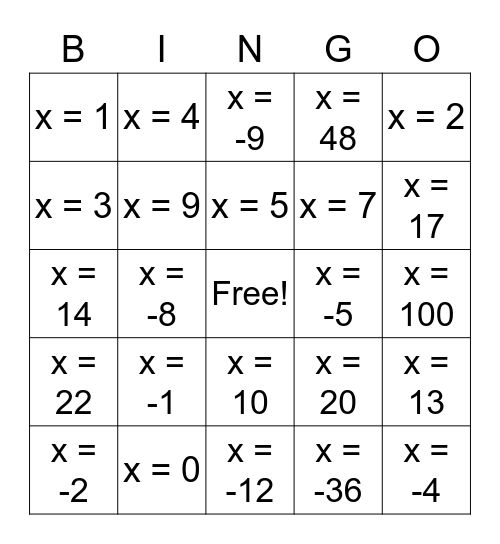 Algebra Bingo Card