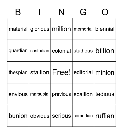 ious - ion Bingo Card