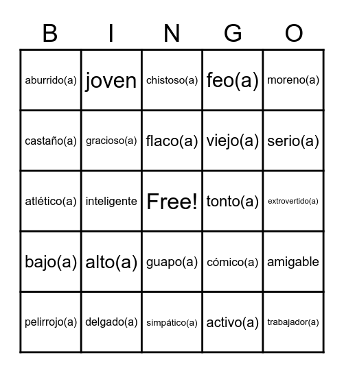DESCRIPCIÓN FÍSICA Y DE LA PERSONALIDAD Bingo Card