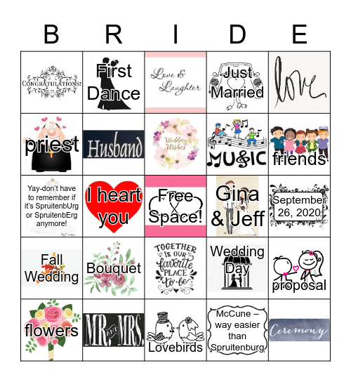 Gina's Bridal Bingo Card