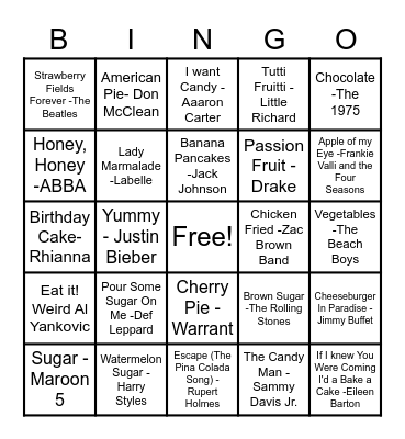 Food Music Bingo Card