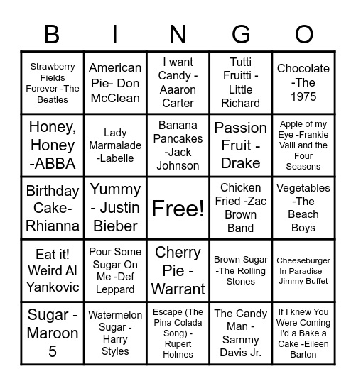 Food Music Bingo Card