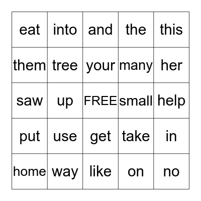 Sight Words Bingo Card