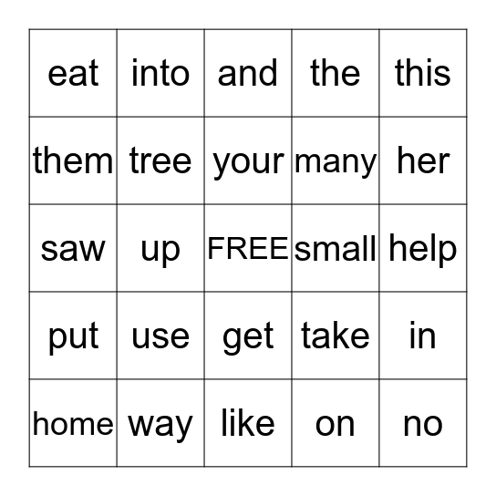 Sight Words Bingo Card