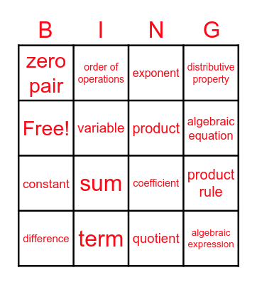 Vocabulary BINGO 1.5 Bingo Card