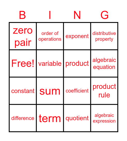 Vocabulary BINGO 1.5 Bingo Card