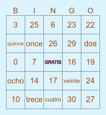 Los Números 0-30 Bingo Card