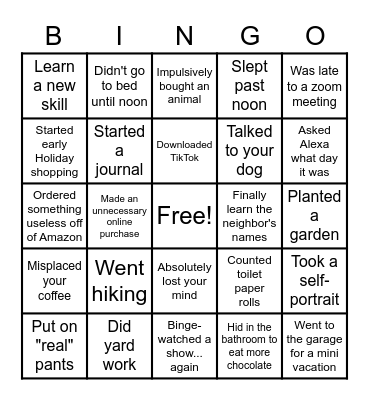 Social Distancing Bingo Card