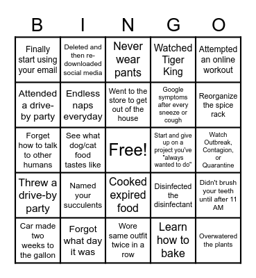 Social Distancing Bingo Card