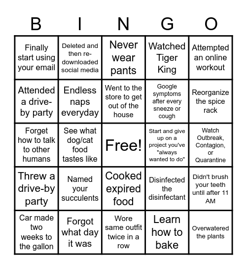 Social Distancing Bingo Card