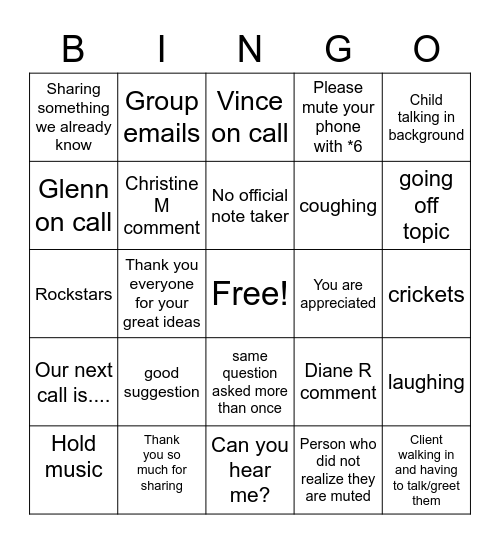 Conference Call Bingo Card