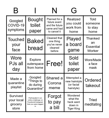 Social Distancing Bingo Card