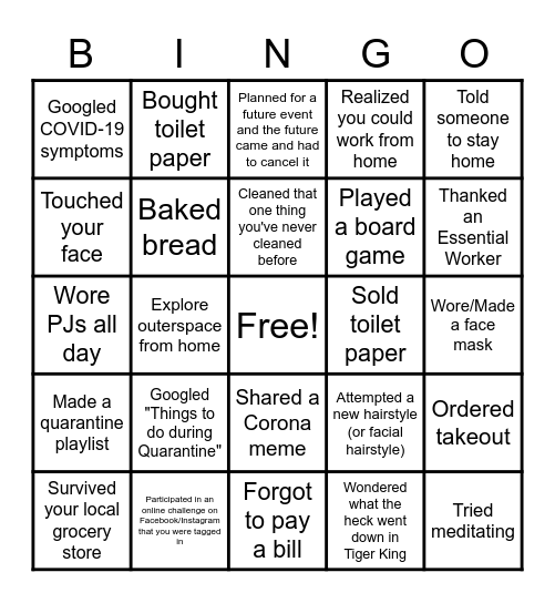 Social Distancing Bingo Card