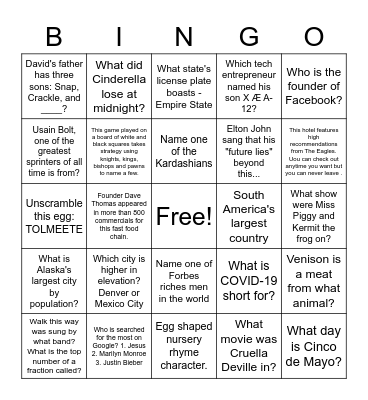 Stonebridge Best of Trivia BINGO Card