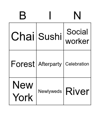 Jackie and Eden's Sheva Brachot Bingo Card