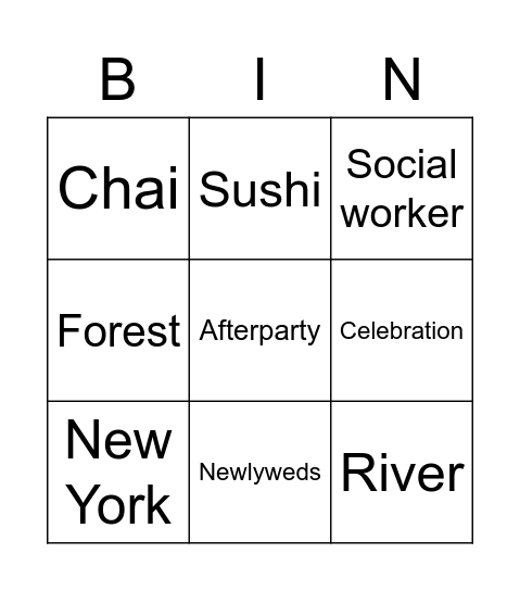 Jackie and Eden's Sheva Brachot Bingo Card