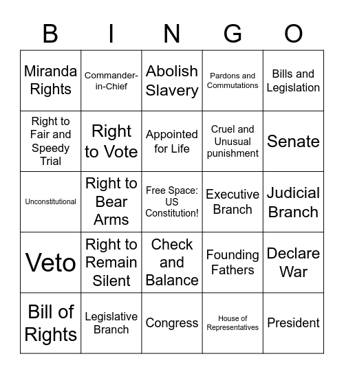 Constitution Day Bingo Card