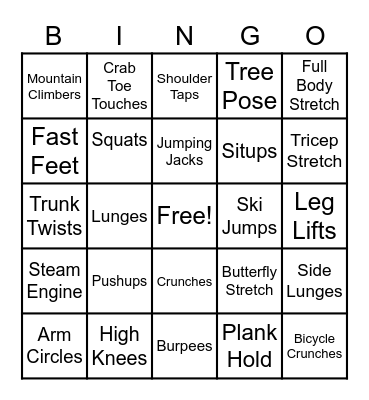 Fitness Bingo Card