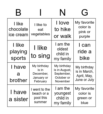 Getting to know you Bingo Card