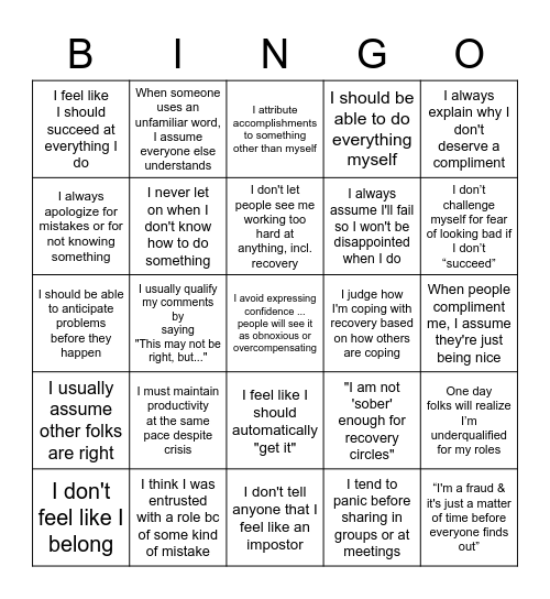 Impostor Syndrome - Recovery Edition Bingo Card