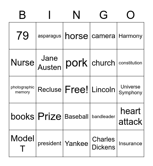 Charles Ives Bingo Card