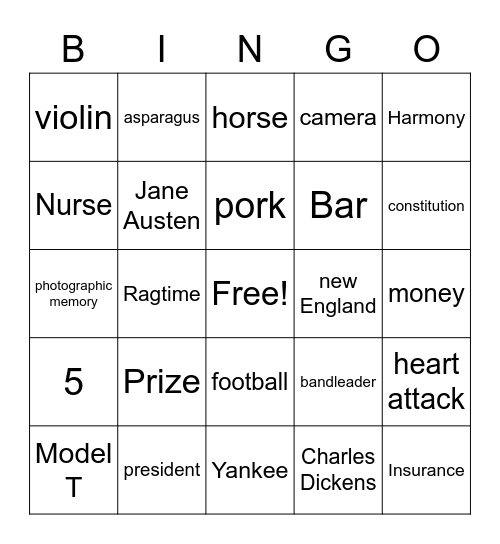 Charles Ives Bingo Card