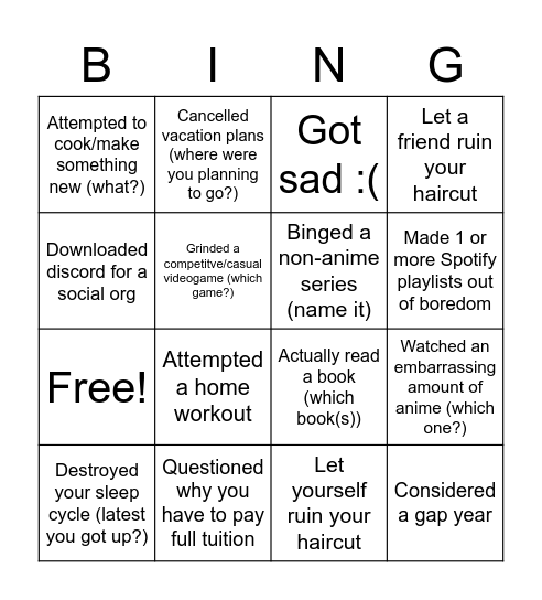 Turtle Fam Pandemic Bingo Card