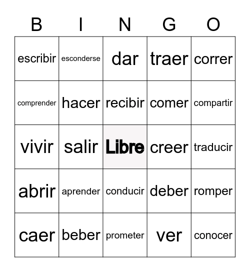 -ER/-IR/Irregular yo verbs Bingo Card