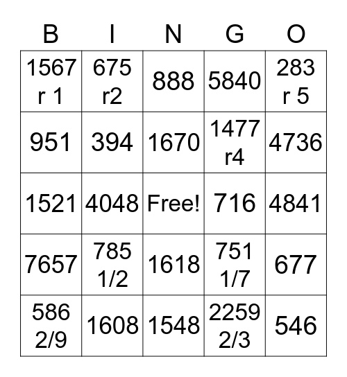 Division and Multiplication BINGO Card